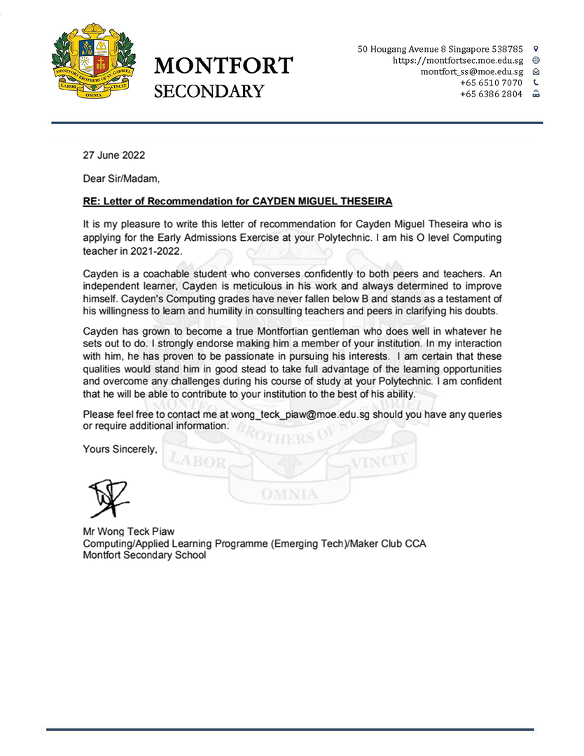 Mr. Wong Teck Piaw Testimonial