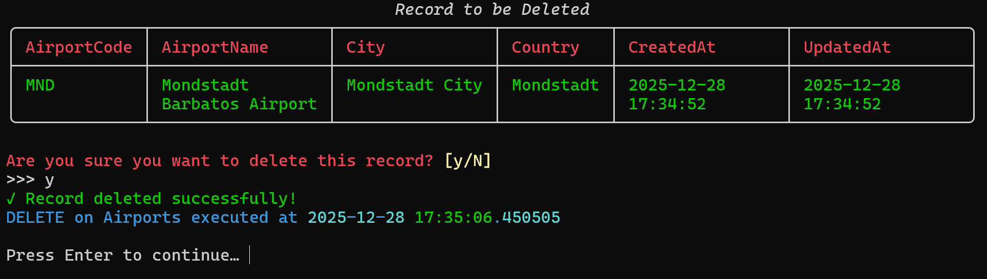 Delete confirmation table