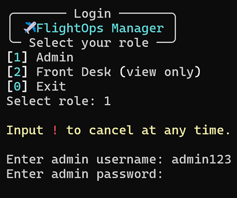 Role selection screen