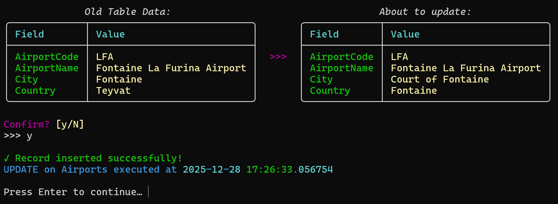 Update confirmation table